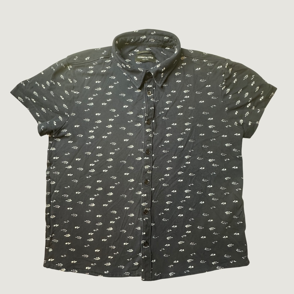 Kenneth Cole Shirt Mens‎ M Blue Floral Button Down Short Sleeve Cotton Spandex
